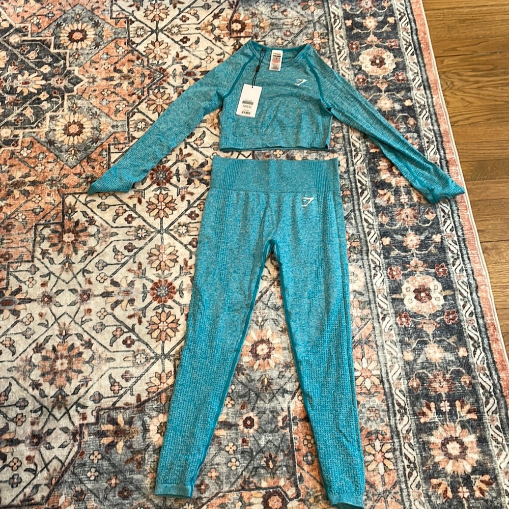 GymShark Vital Seamless Crop Top with Matching Leggings in Hydro Teal Marl